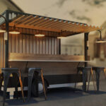 Food truck contenedor marítimo con diseño moderno en espacio urbano