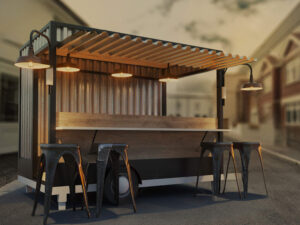 Food truck contenedor marítimo con diseño moderno en espacio urbano