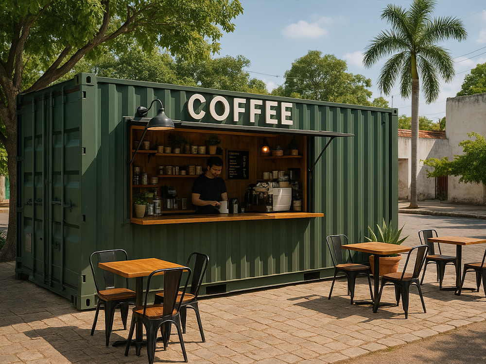 Food truck contenedor marítimo con diseño moderno cafetería