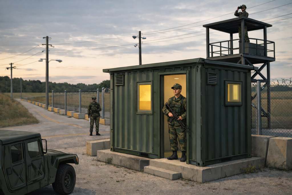 Contenedor marítimo de 10 pies utilizado como caseta escenográfica en una producción audiovisual, integrado a un set con ambientación militar.