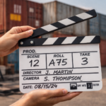 Claqueta de cine frente a contenedores marítimos utilizados en una producción audiovisual.