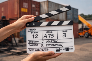 Claqueta de cine frente a contenedores marítimos utilizados en una producción audiovisual.