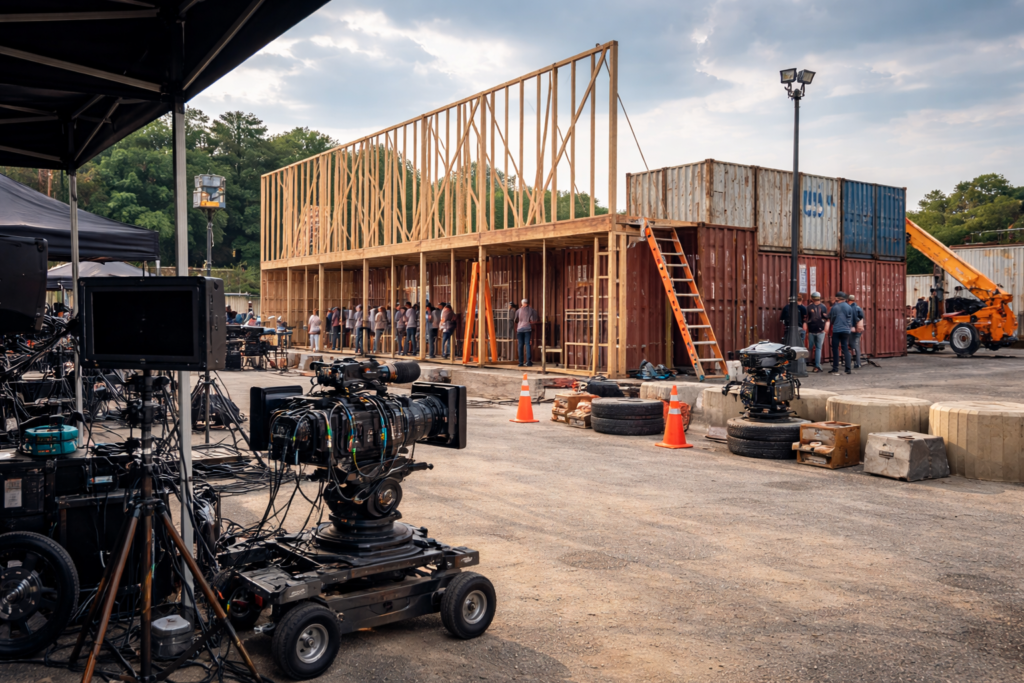 Producción cinematográfica con contenedores marítimos usados como parte del set y apoyo logístico durante el rodaje.