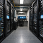 Centro de datos móvil en contenedor marítimo equipado con racks de servidores para infraestructura de Edge Computing en zonas remotas.