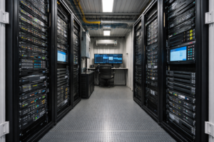 Centro de datos móvil en contenedor marítimo equipado con racks de servidores para infraestructura de Edge Computing en zonas remotas.