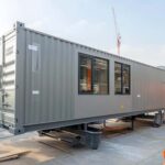 Plano arquitectónico y documentos legales sobre un escritorio para tramitar permisos de suelo de un proyecto residencial con contenedores.