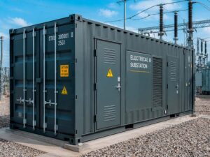 Subestaciones electricas en contenedores maritimos con rejillas de ventilacion industrial.